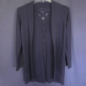 True Craft Lace Up Back‎ Open Cardigan Size Medium Gray with Rainbow Flecks